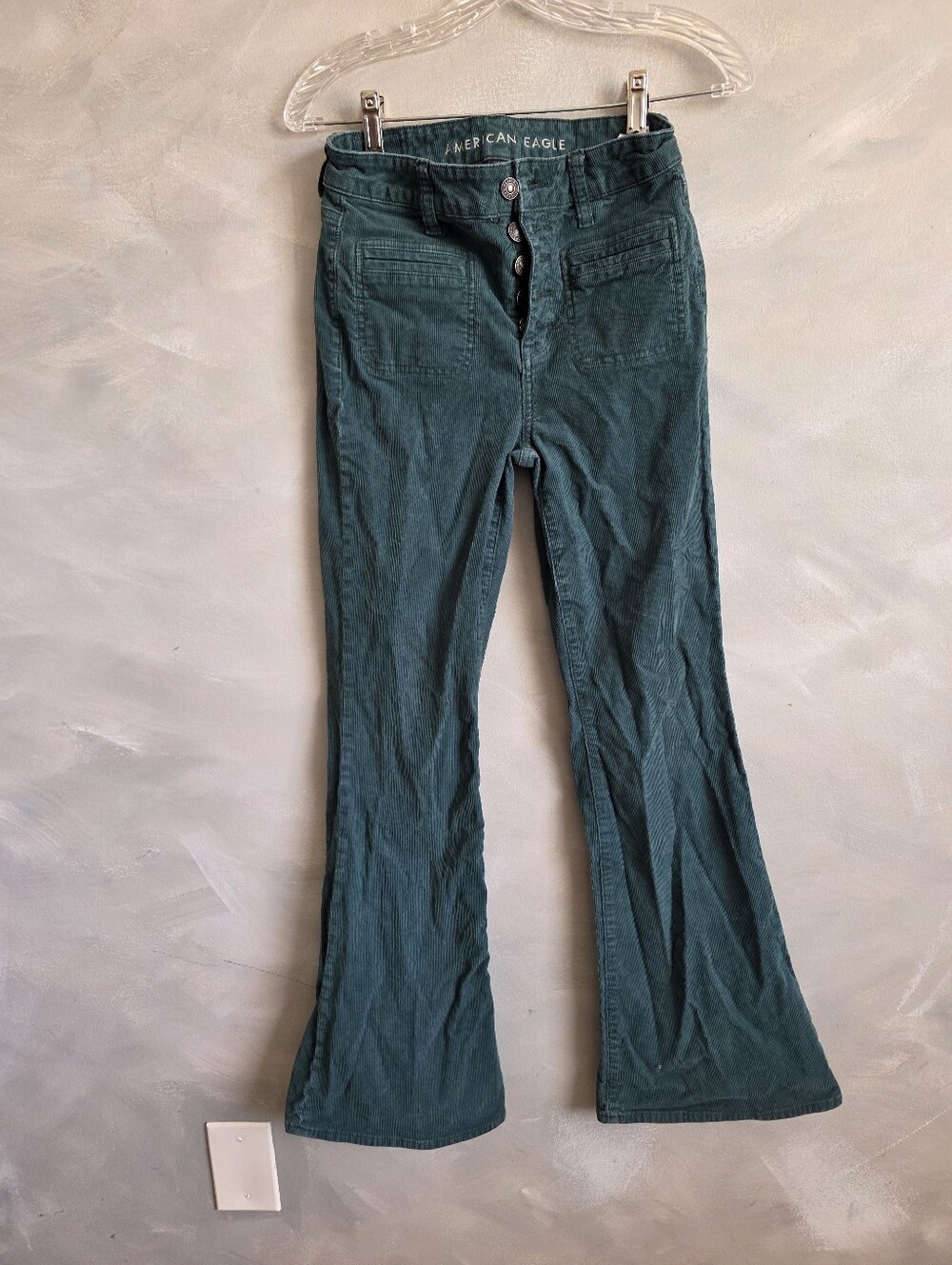 American Eagle Corduroy Teal Super High Rise Flare Sz 2 Stretch Button Fly Patch